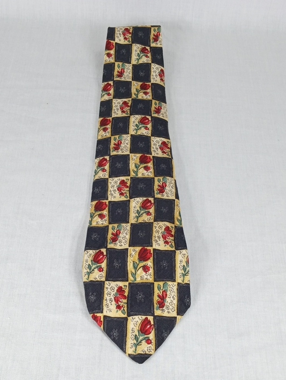 Brooks Brothers Floral Check Silk Tie - Black, Cream & Red